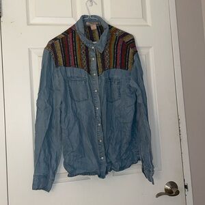 Jean button up top with embroidered coloured top